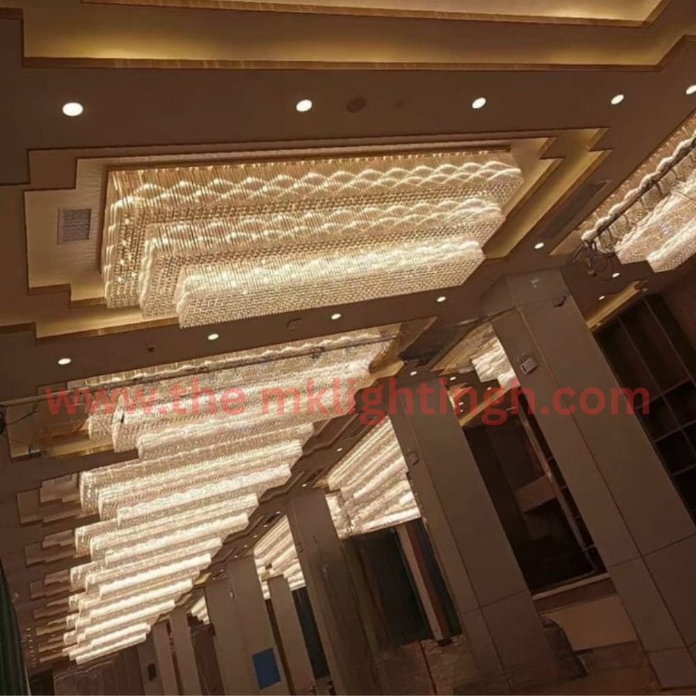 Rectangular big crystal chandelier installed in banquet hall by MK Lighting