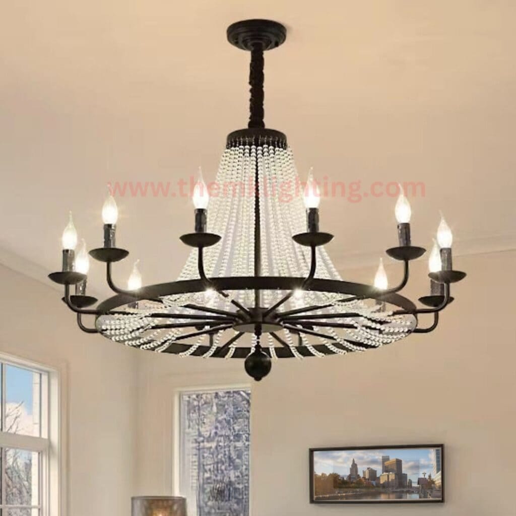 Wrought Iron Crystal Beaded Chandelier Installed in Villa Bedroom