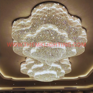 Designer crystal chandelier installed in hotel lobby by MK Lighting
