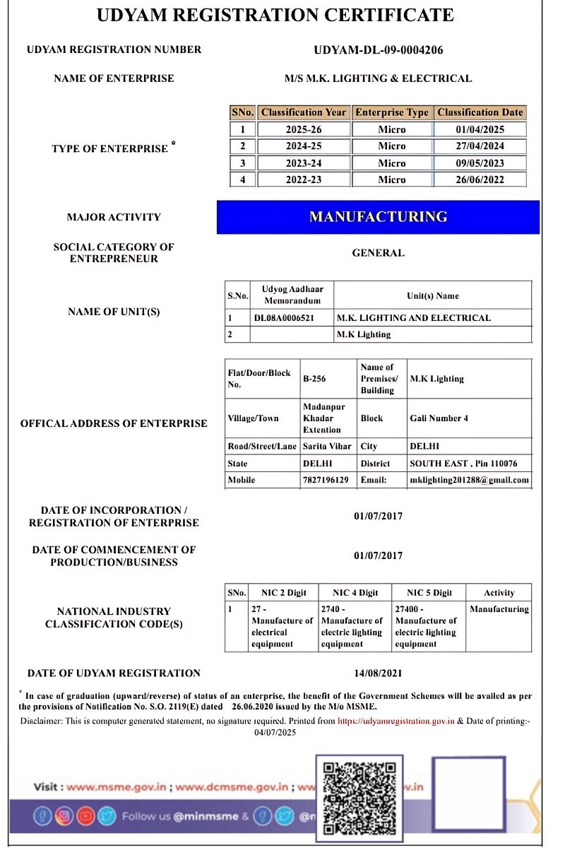 Udyam Registration Certificate – M.K Lighting and Electrical (Govt. of India MSME) Udyam Registration Certificate of M.K Lighting and Electrical