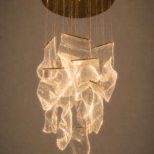 Luxury Crumpled Paper Acrylic Double Height Chandelier – Gold Finish