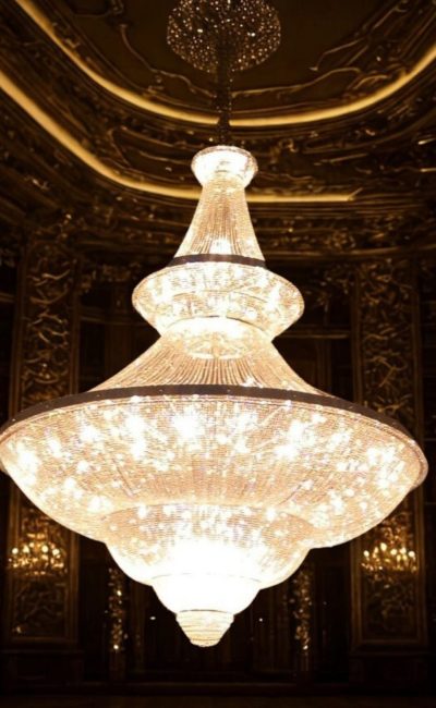 Custom Banquet Chandeliers for Hyderabad Venues | M.K Lighting Gold Chandelier for Banquet Hall